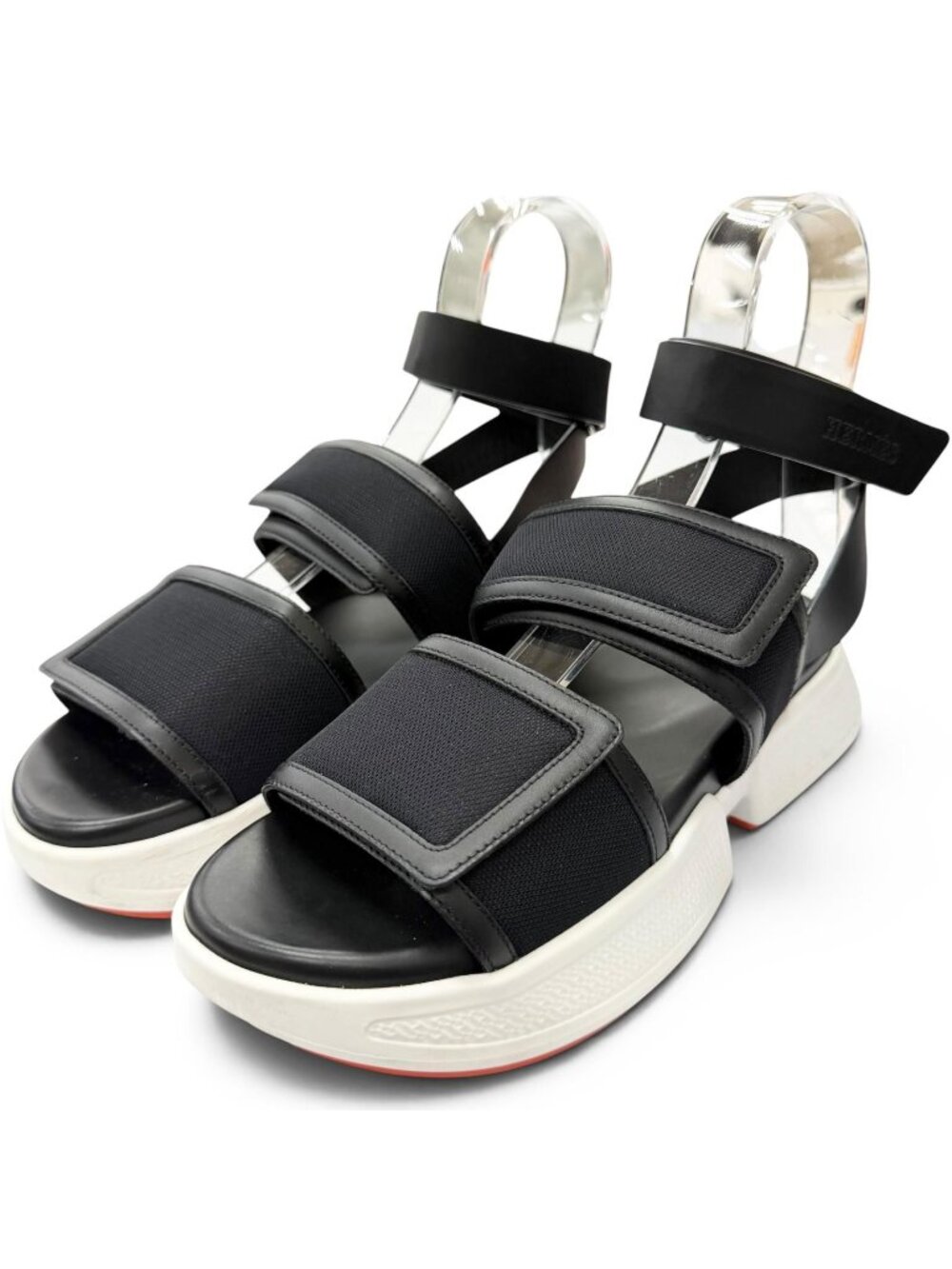 Hermes Geek Leather Mesh Ankle Strap Sandals Black